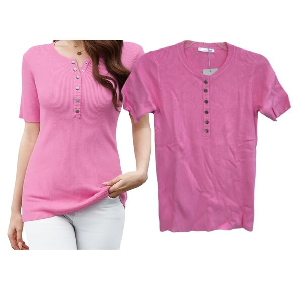 Lightweight Short Sleeve Ribbed Top Pink S - Picture 1 of 11